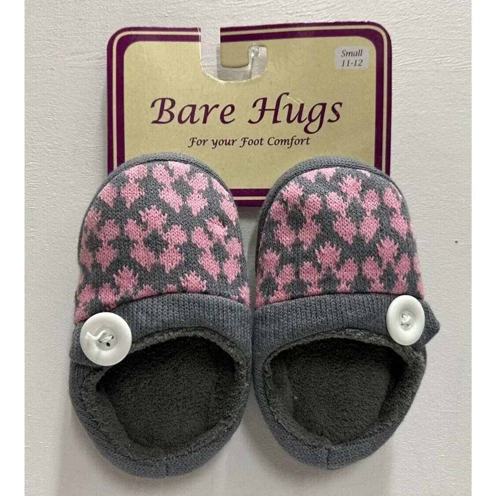 Bare Hugs Girl size small 11-12 slip on Gray and pink textile slippers